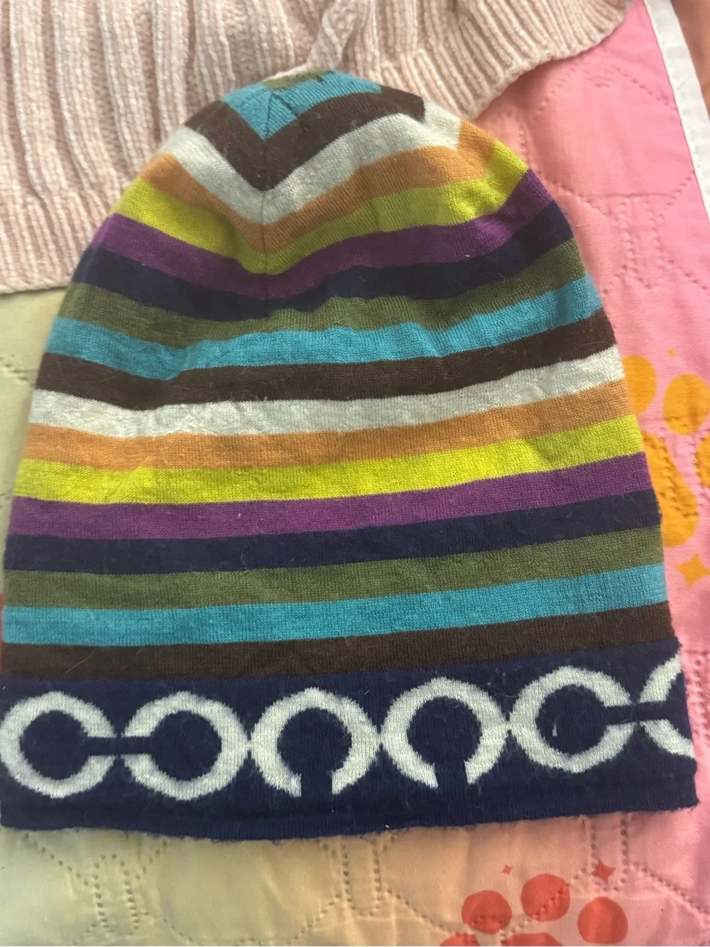 Coach Navy and White Logo Beanie